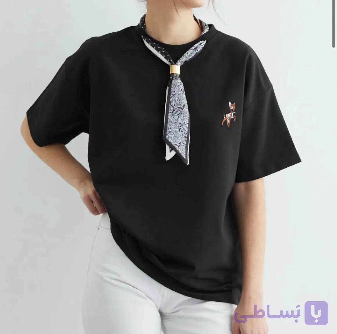 تیشرت اورسایز یقه گرد با گلدوزی و شالگردنی