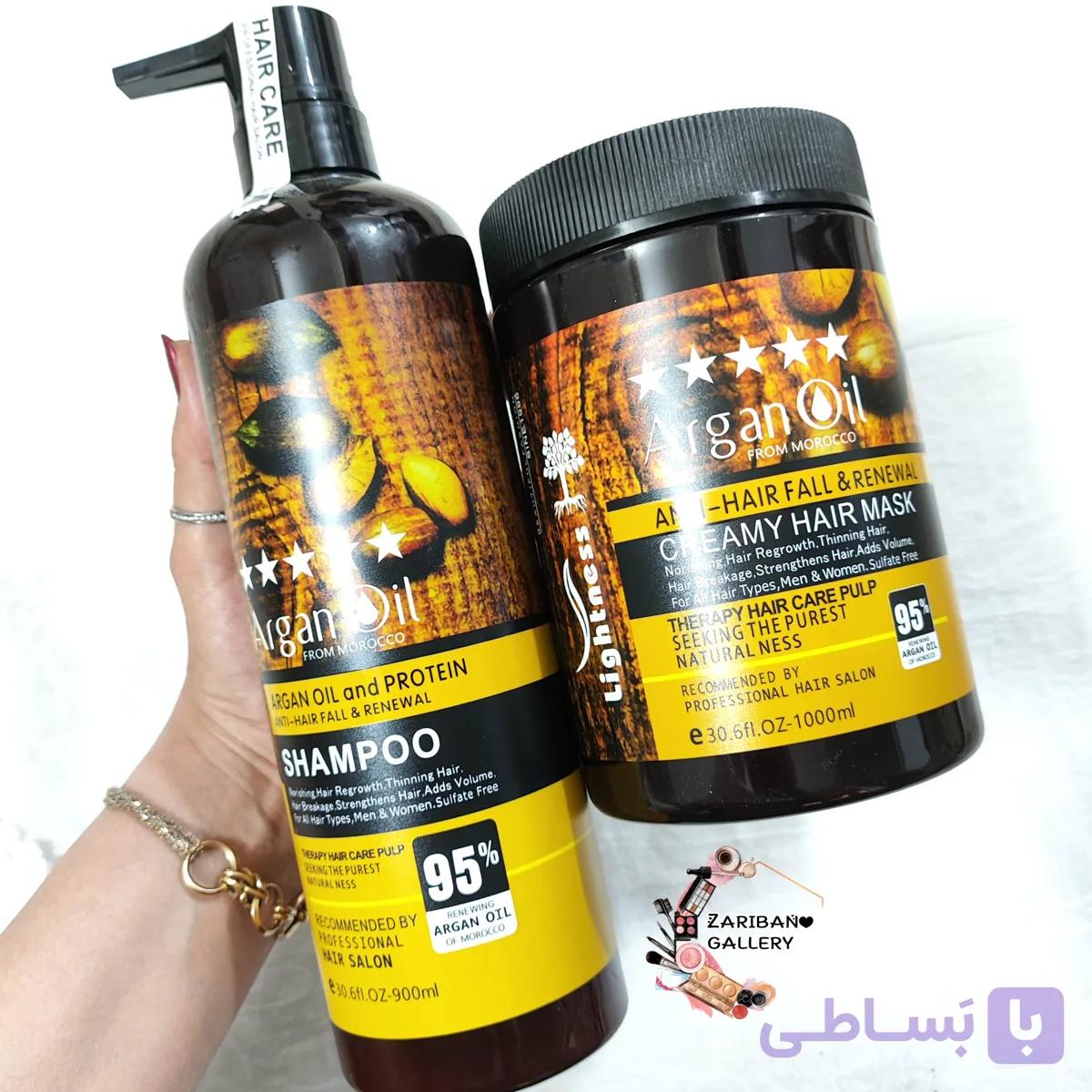 پک دو عددی شامپو ۹۰۰ میلی لیتر و ماسک مو ۱۰۰۰ میلی لیتر مدل آرگان (Argan) — تصویر 1