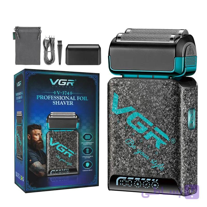 ماشین اصلاح موی صورت وی جی ار مدل v-374 با تیغه استیل ضد زنگ، اصلاح فویلی، قابلیت اصلاح با شماره صفر، نمایشگر میزان شارژ، قفل ایمنی، طراحی ارگونومیک و شارژ سریع