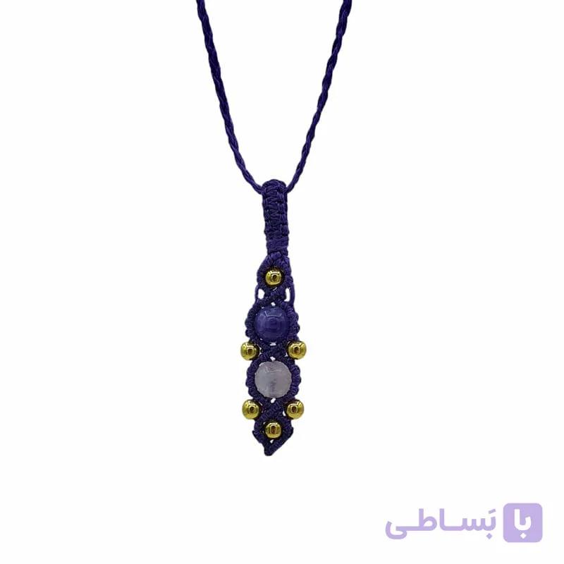 آویز دستساز مکرومه سنگ آمیتیست و رز کوارتز — تصویر 1