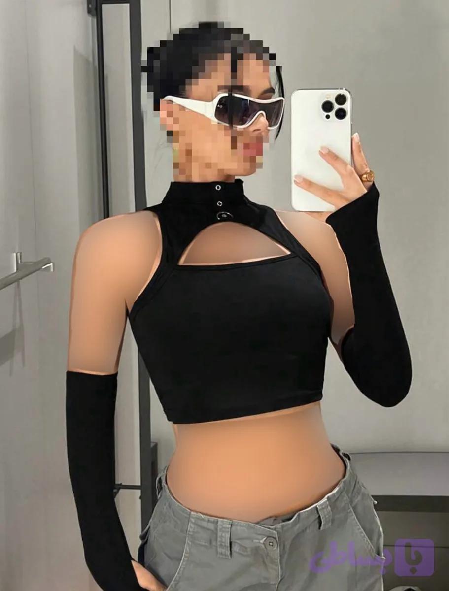 کراپ دوتیکه استین جدا صورتی و مشکی سایز فری
