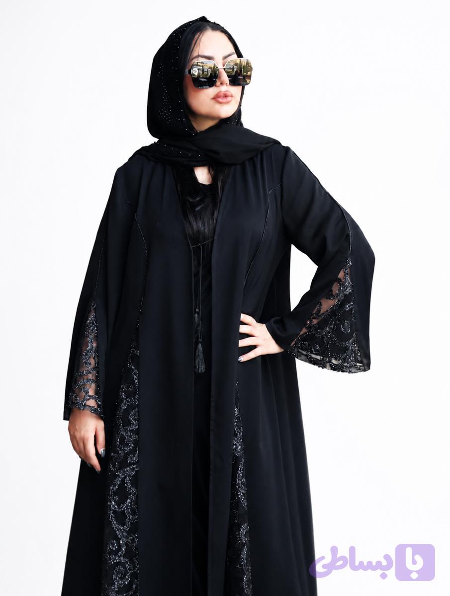 عبای اماراتی مجلسی مدل فون - پارچه کرپ ندا اصل - ترکیب با گیپور کار شده (رومینا)