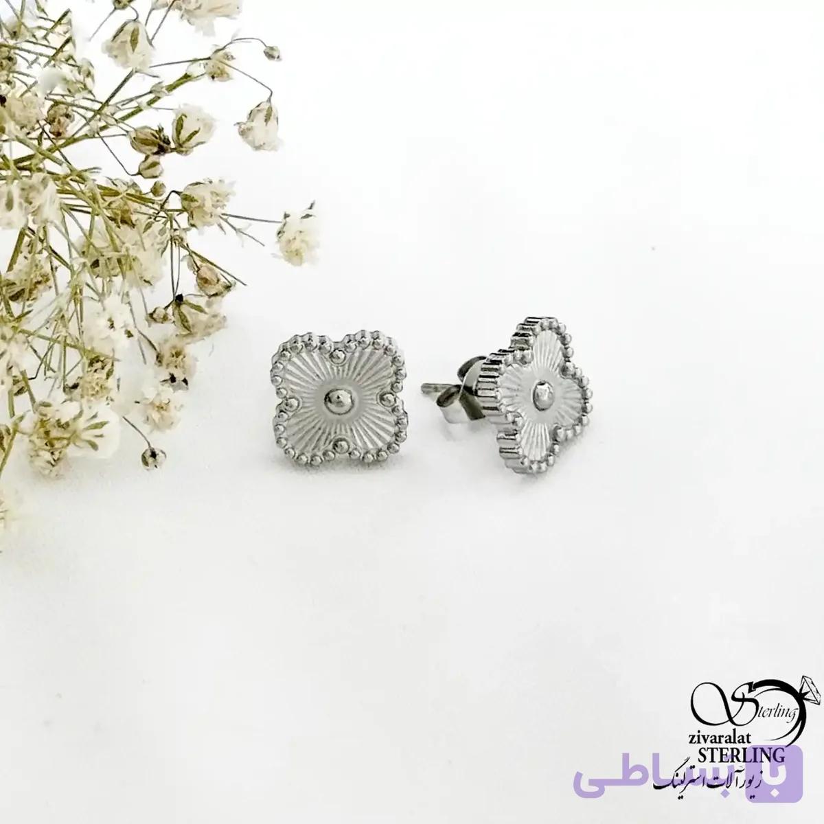 گوشواره میخی ونکلیف سفید استیل کد 21694 — تصویر 1