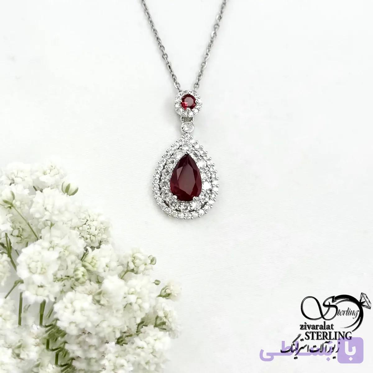 گردنبند نگین قرمز طرح اشکی جواهری کد 22176 — تصویر 1
