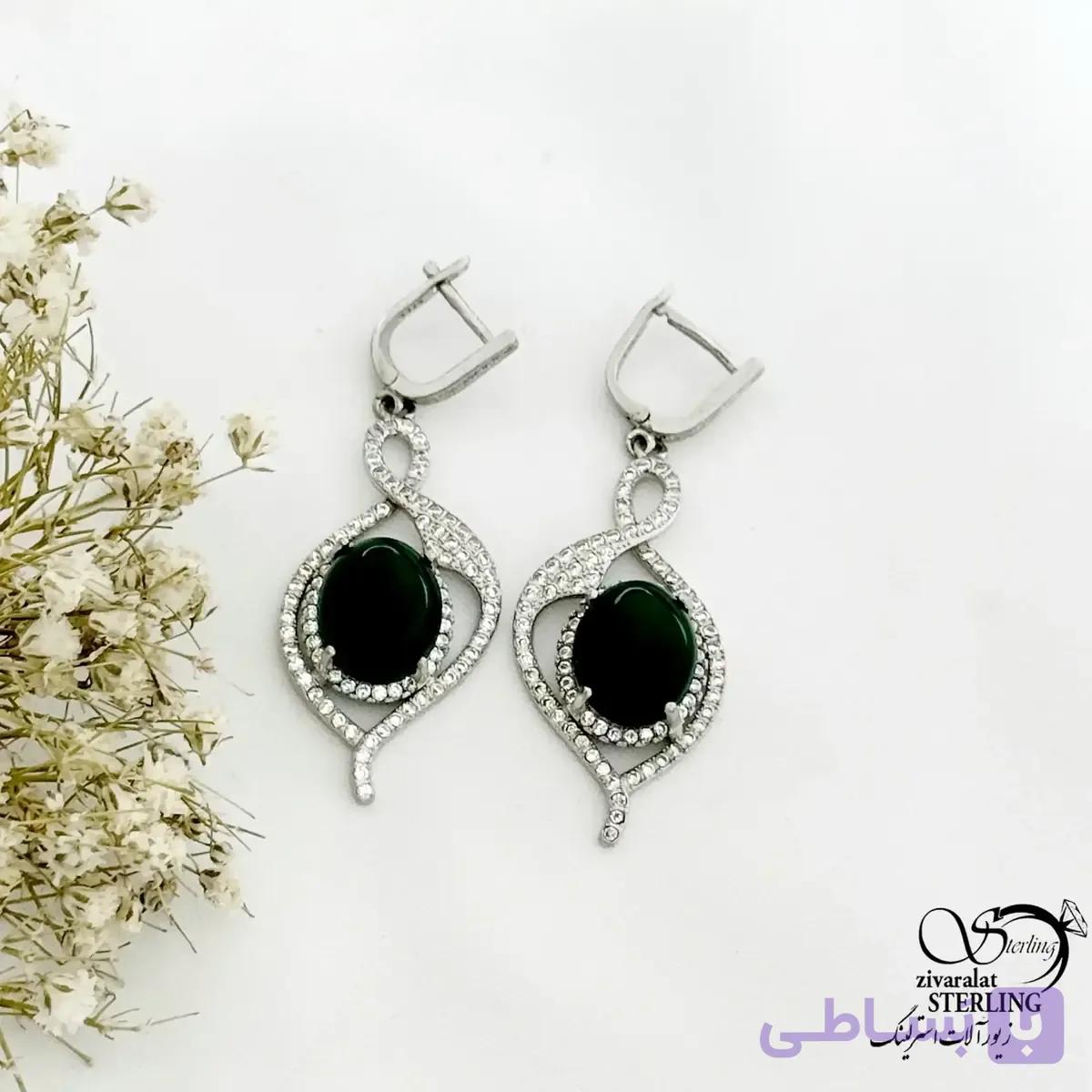 گوشواره آویز نگین سبز جواهری نقره ایتالیا کد 21580 — تصویر 1