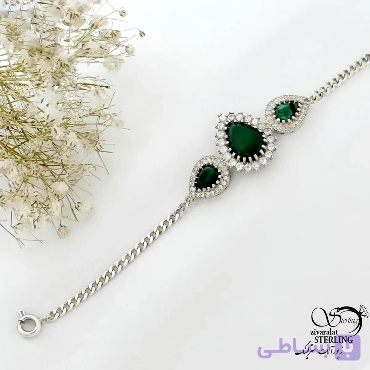 دستبند نقره طرح اشکی با سنگ مالاکیت ساخت ایتالیا کد 21569 — تصویر 1