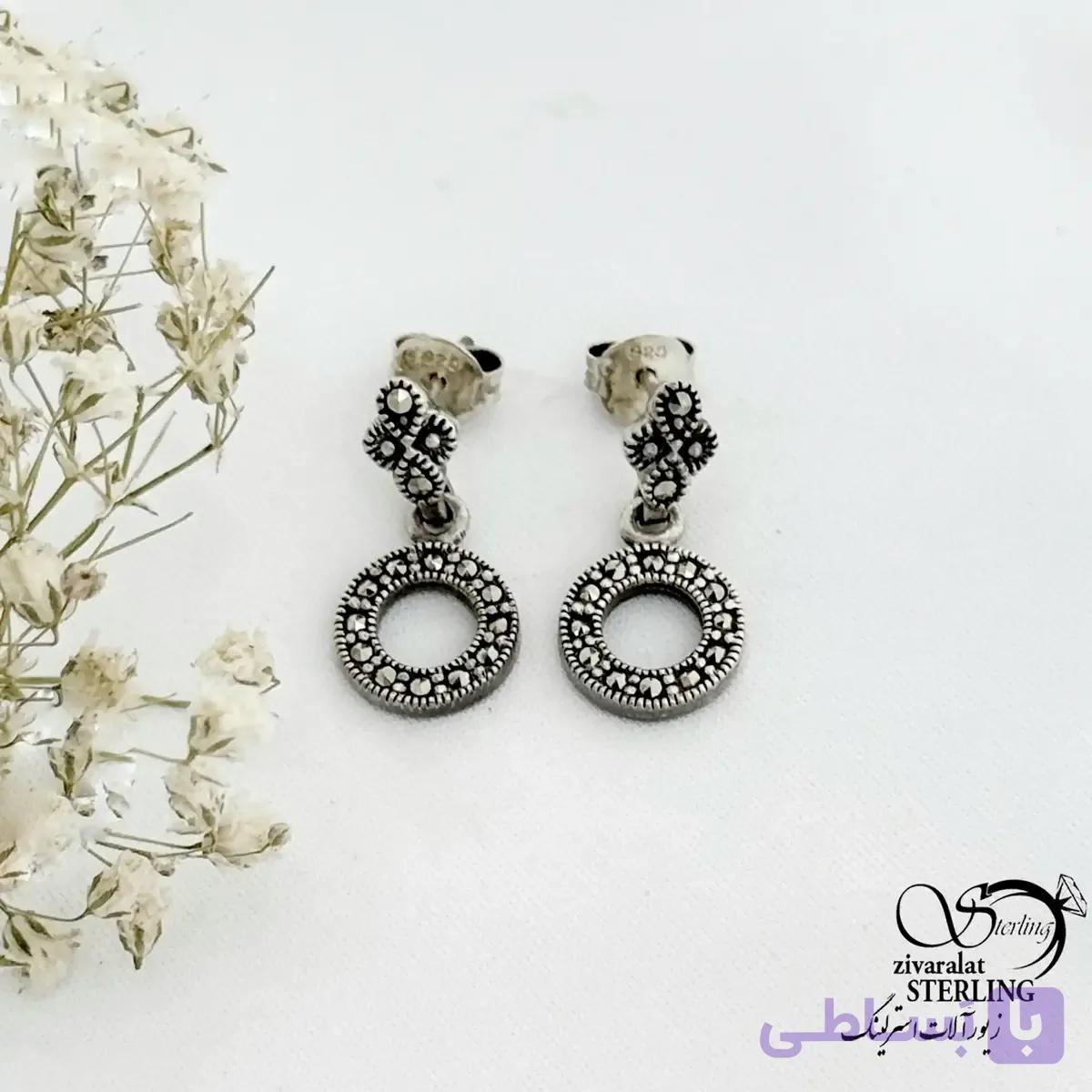 گوشواره نقره ایتالیایی سیاه قلم آویز دایره کد 21507 — تصویر 1