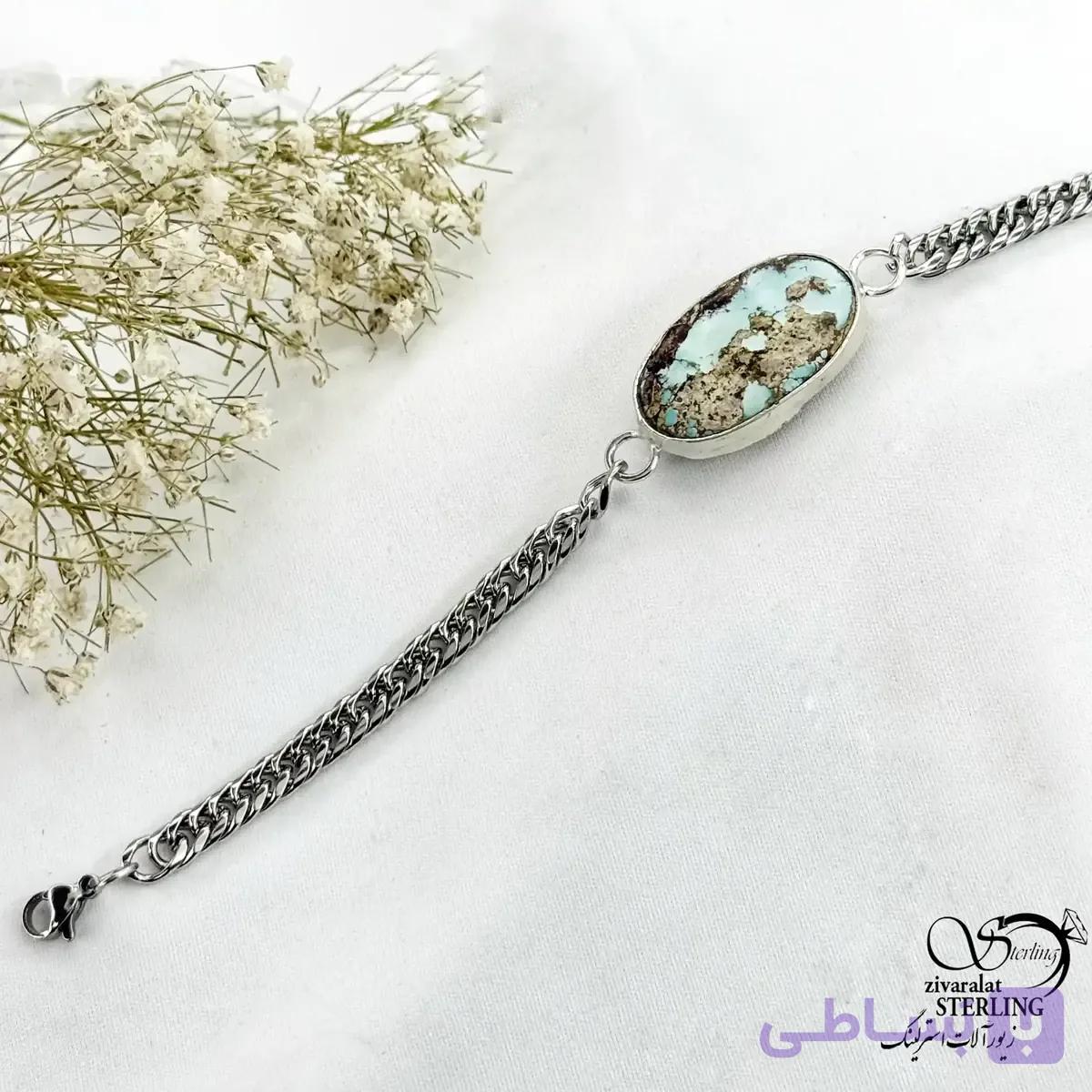 دستبند استیل زنانه طرح کارتیر با پلاک فیروزه کد 21105 — تصویر 1