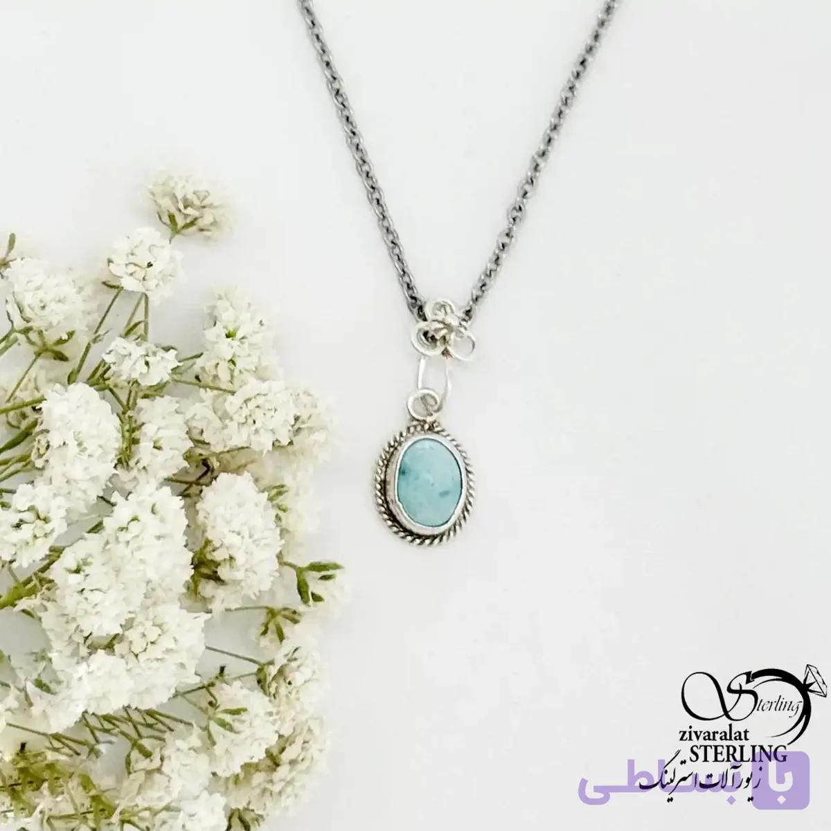 گردنبند نقره ساده با سنگ فیروزه کد 22310 — تصویر 1