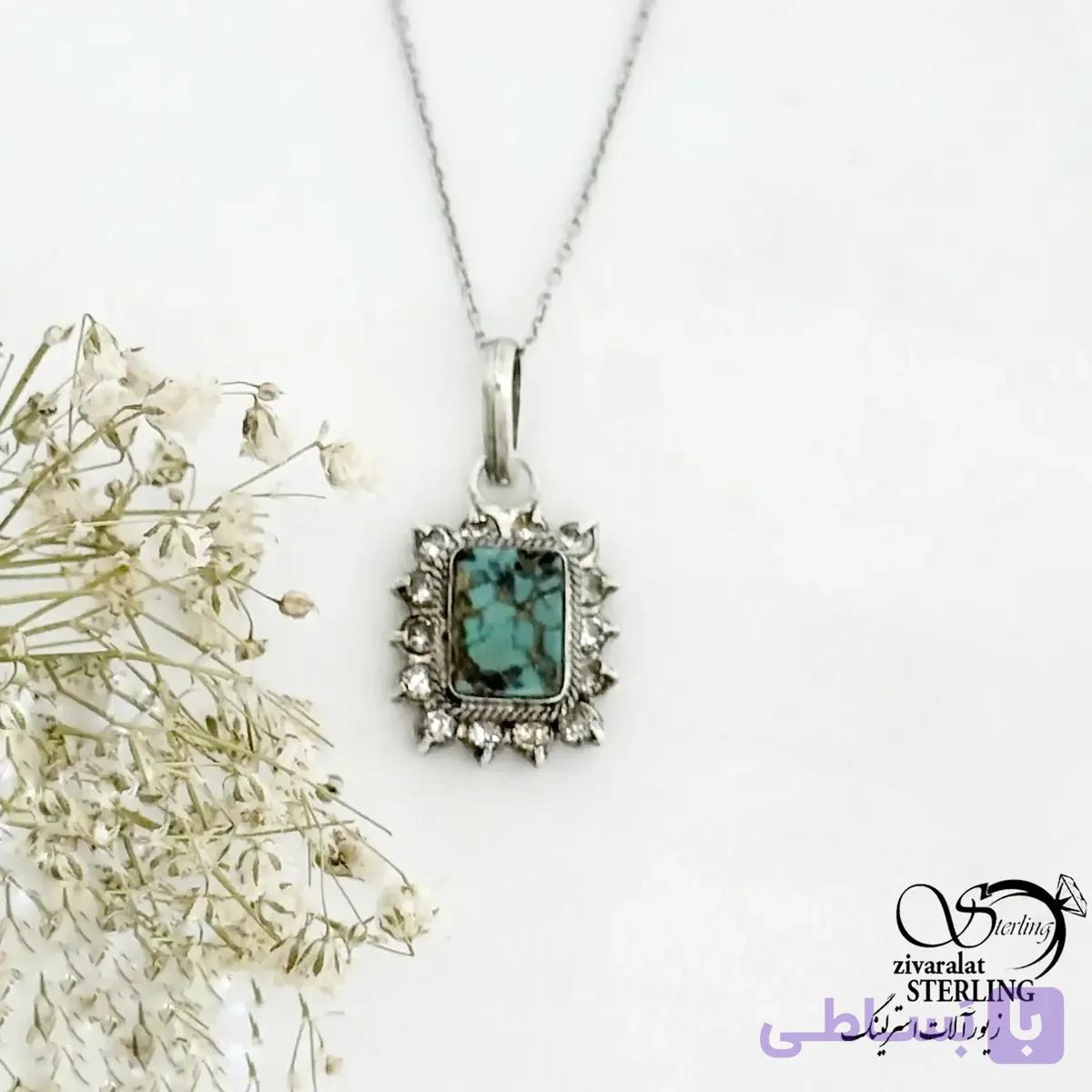 گردنبند نقره 925 عیار با سنگ فیروزه نیشابوری کد 21499 — تصویر 1