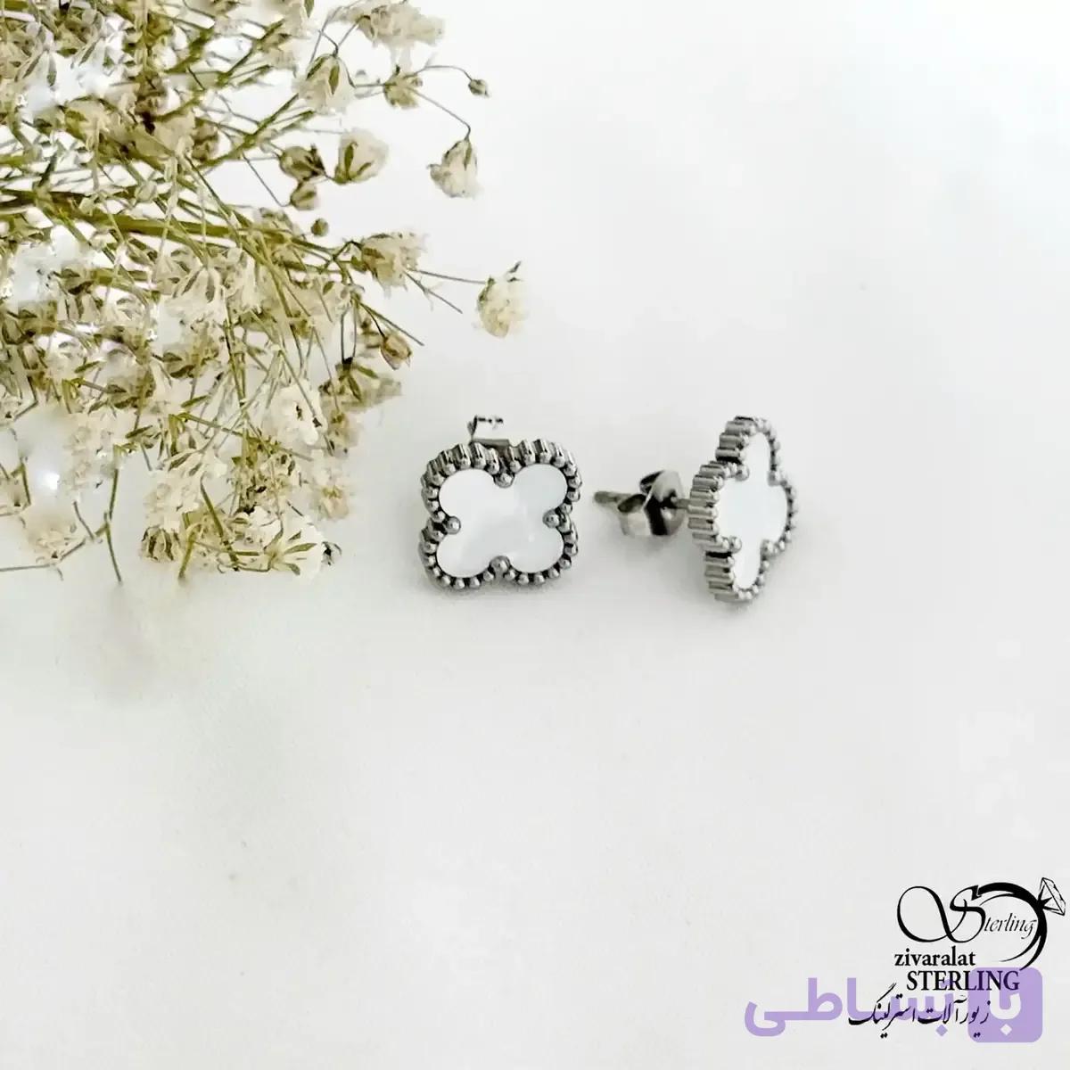 گوشواره استیل میخی ونکلیف با سنگ سفید کد 21695 — تصویر 1