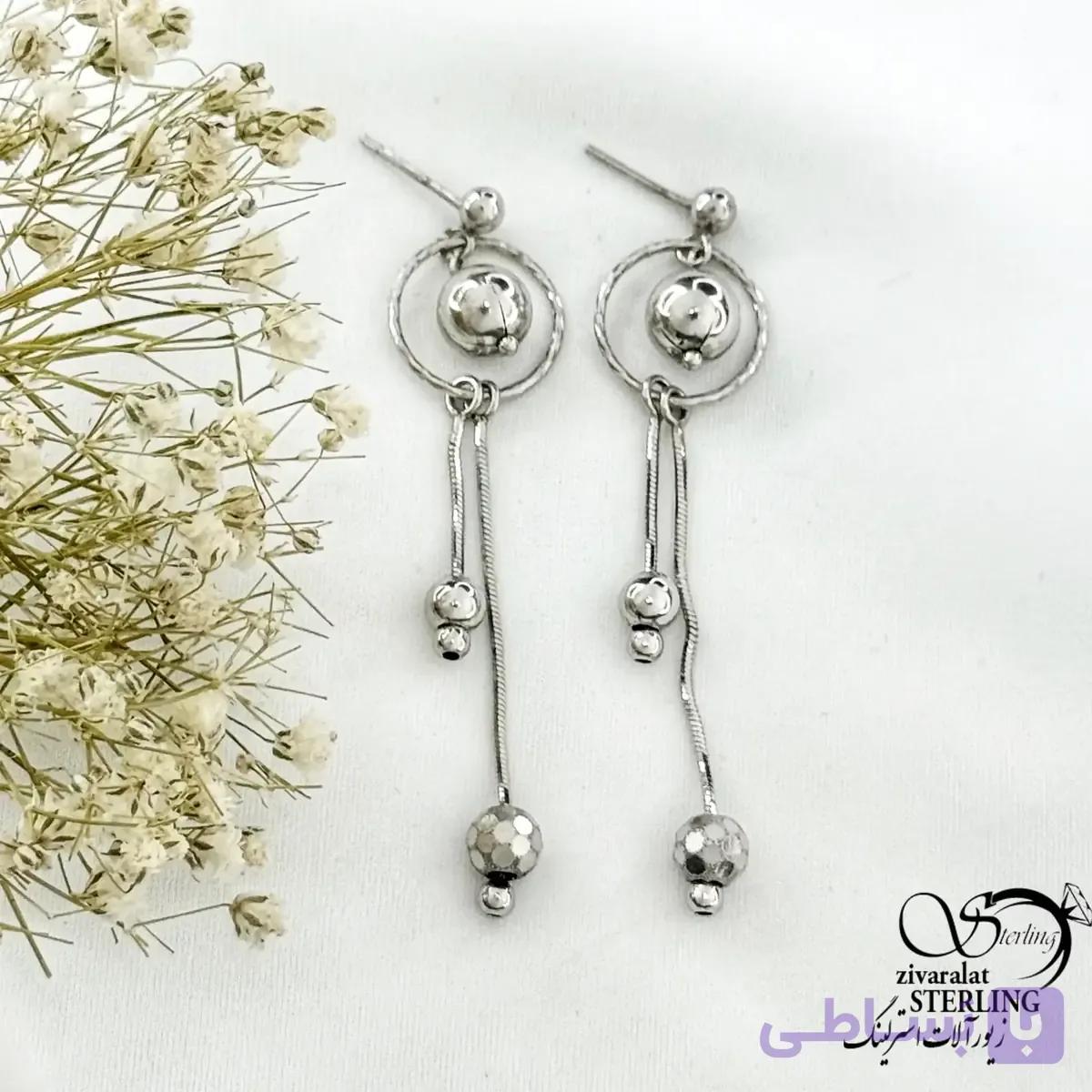 گوشواره نقره آویز گوی با عیار925 کد 21330 — تصویر 1
