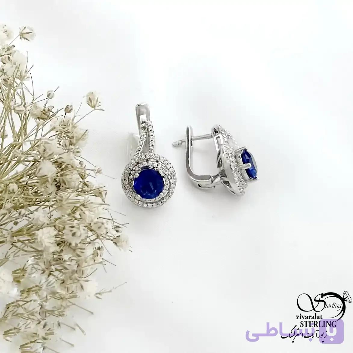 گوشواره کلیپسی نقره با سنگ طرح یاقوت کبود کد 21583 — تصویر 1