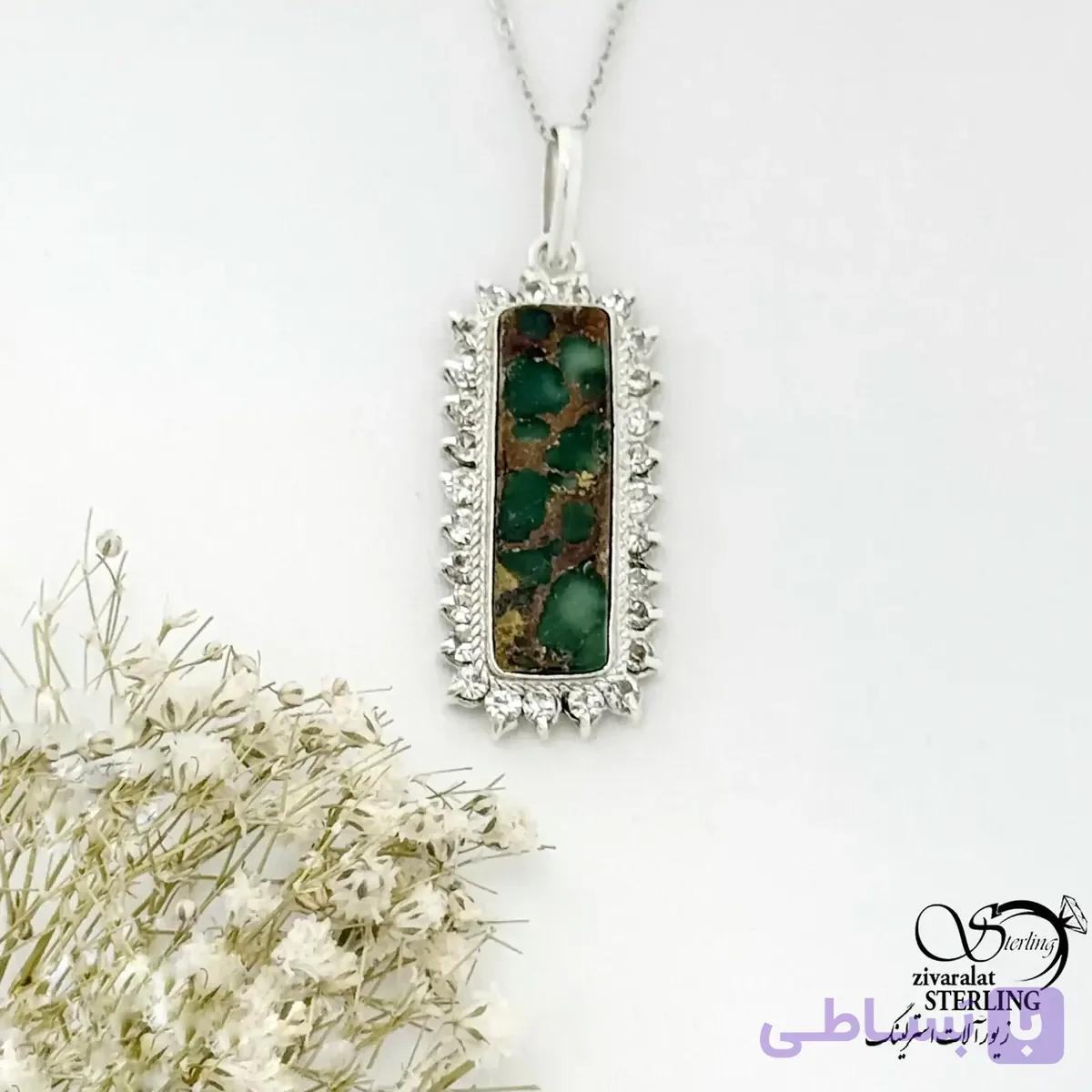 گردنبند نقره عیار 925 زنانه با سنگ فیروزه مستطیلی کد 21827
