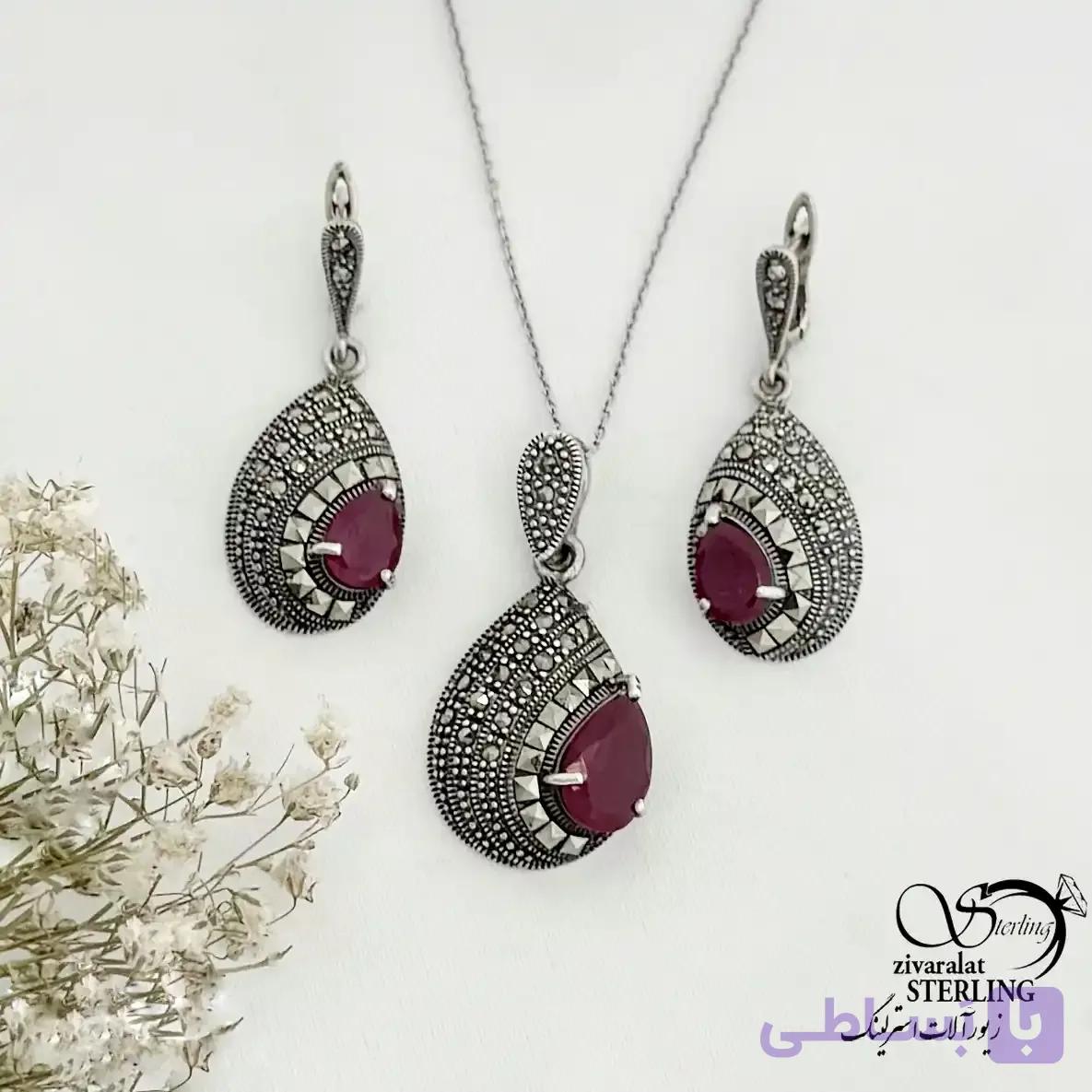 نیمست سیاه قلم اشکی با سنگ یاقوت سرخ عیار 925 کد 21495 — تصویر 1