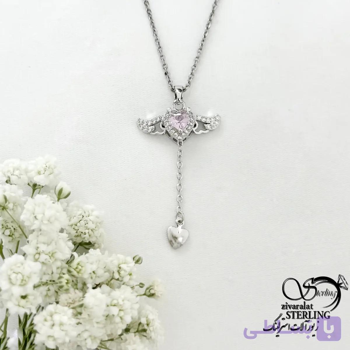 گردنبند قلبی آویز دار با نگین صورتی کد 22183 — تصویر 1