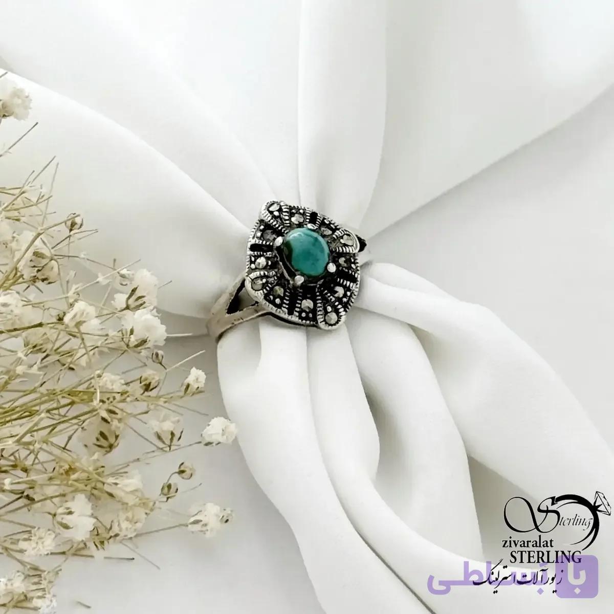 انگشتر فیروزه سیاه قلم نقره 925 عیار زنانه کد 21461 — تصویر 1