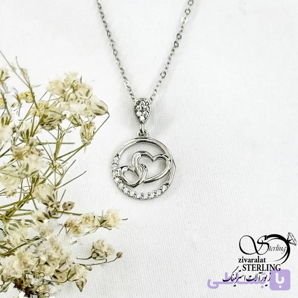 گردنبند قلب دو قلو با نگین اتمی نقره ساخت ایتالیا کد 21622 — تصویر 1