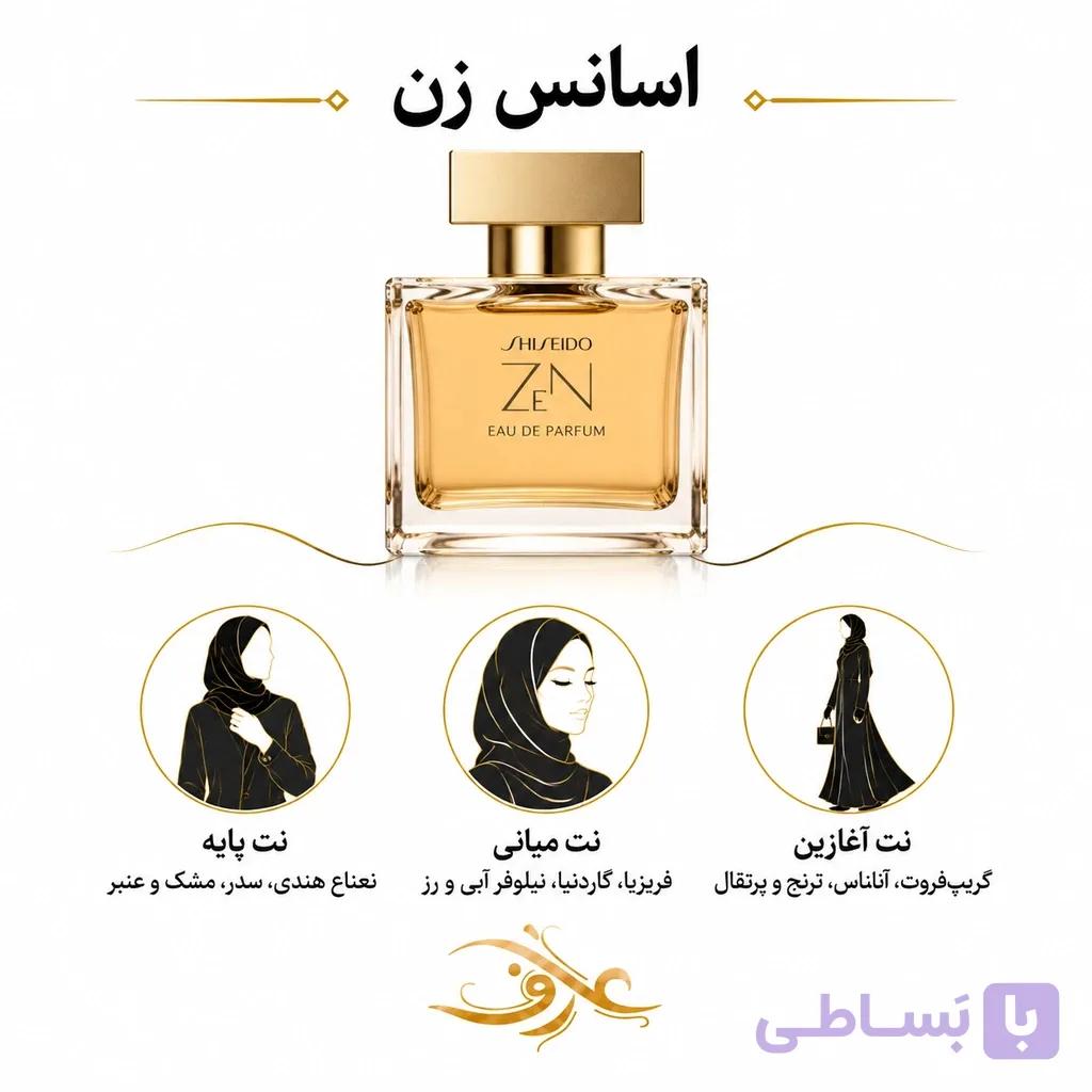 اسانس عطر زن (Zen) شیسیدو | بانوی آرام و درونگرا | رایحهای مرکباتی، گلدار و چوبی با حسی تمیز، لطیف و مدرن
