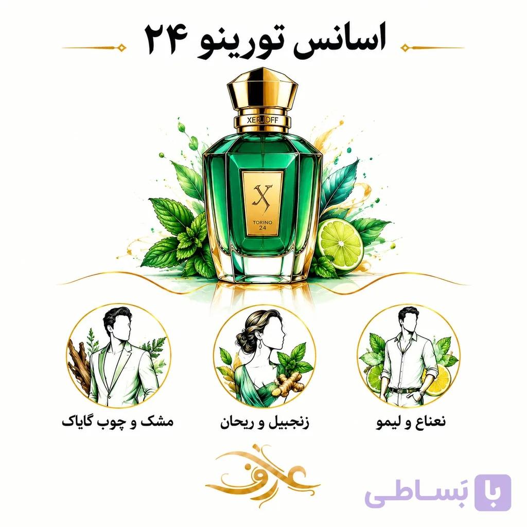 اسانس عطر ۲۴ تورینو (Torino24) زرجوف | انفجارِ سبز و مرکباتی | رایحه‌ای خنک، پرانرژی و مدرن با امضای گیاهان معطر و چوب