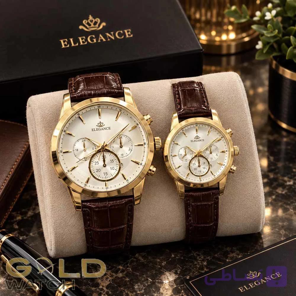 ست ساعت مچی زوج الگانس طرح کرونو کلاسیک با بند چرم مشکی Elegance