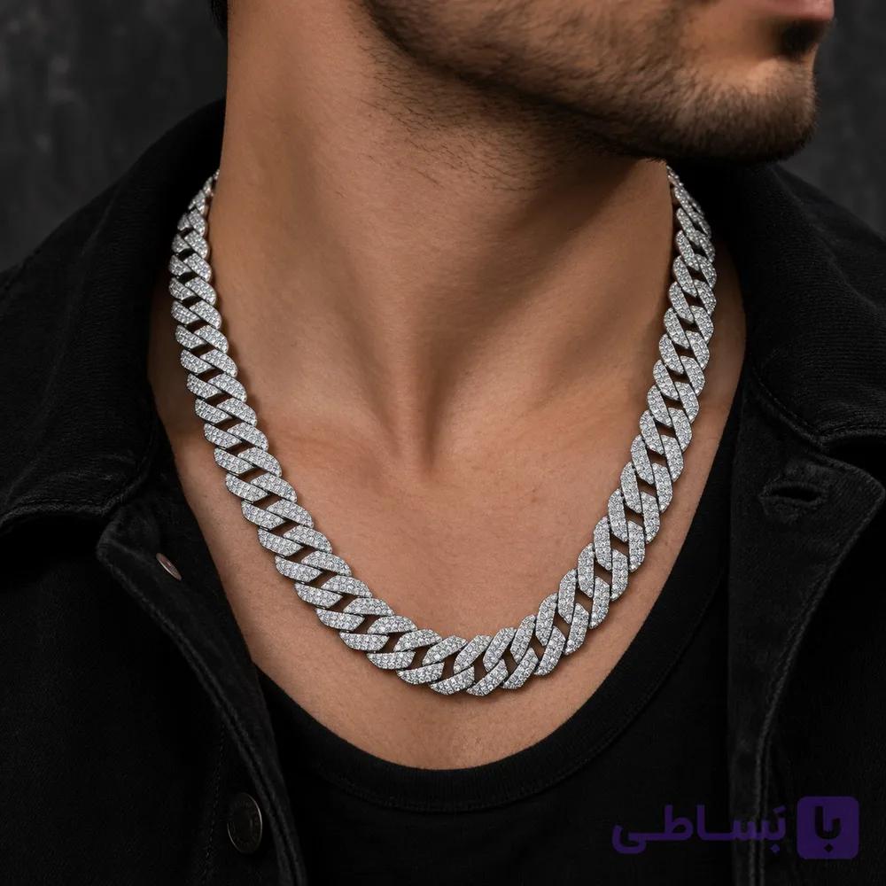 گردنبند مردانه زنجیری نگین دار مدل کوبان (Iced-out Cuban Link Chain)
