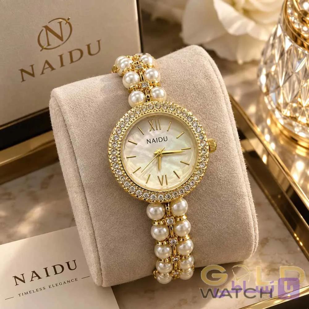 ساعت مچی زنانه نایدو (NAIDU) مدل دستبندی مرواریدی – قاب نگین‌دار صفحه صدفی