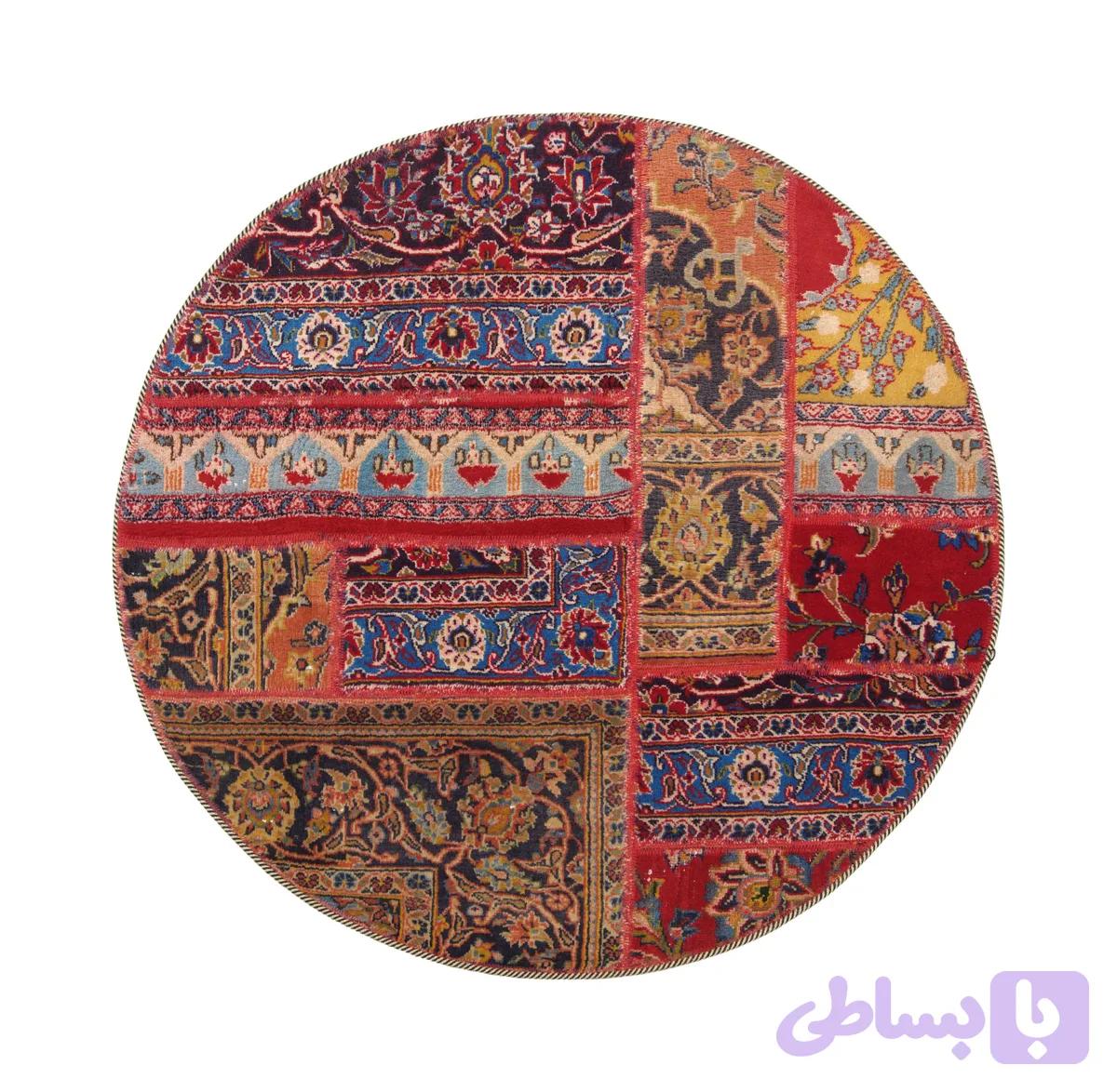 فرش دستباف گرد نارنجی کلاژ دوزی — تصویر 1