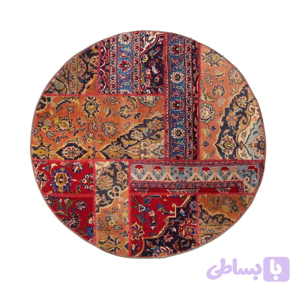 فرش دستباف گرد نارنجی خشتی — تصویر 1