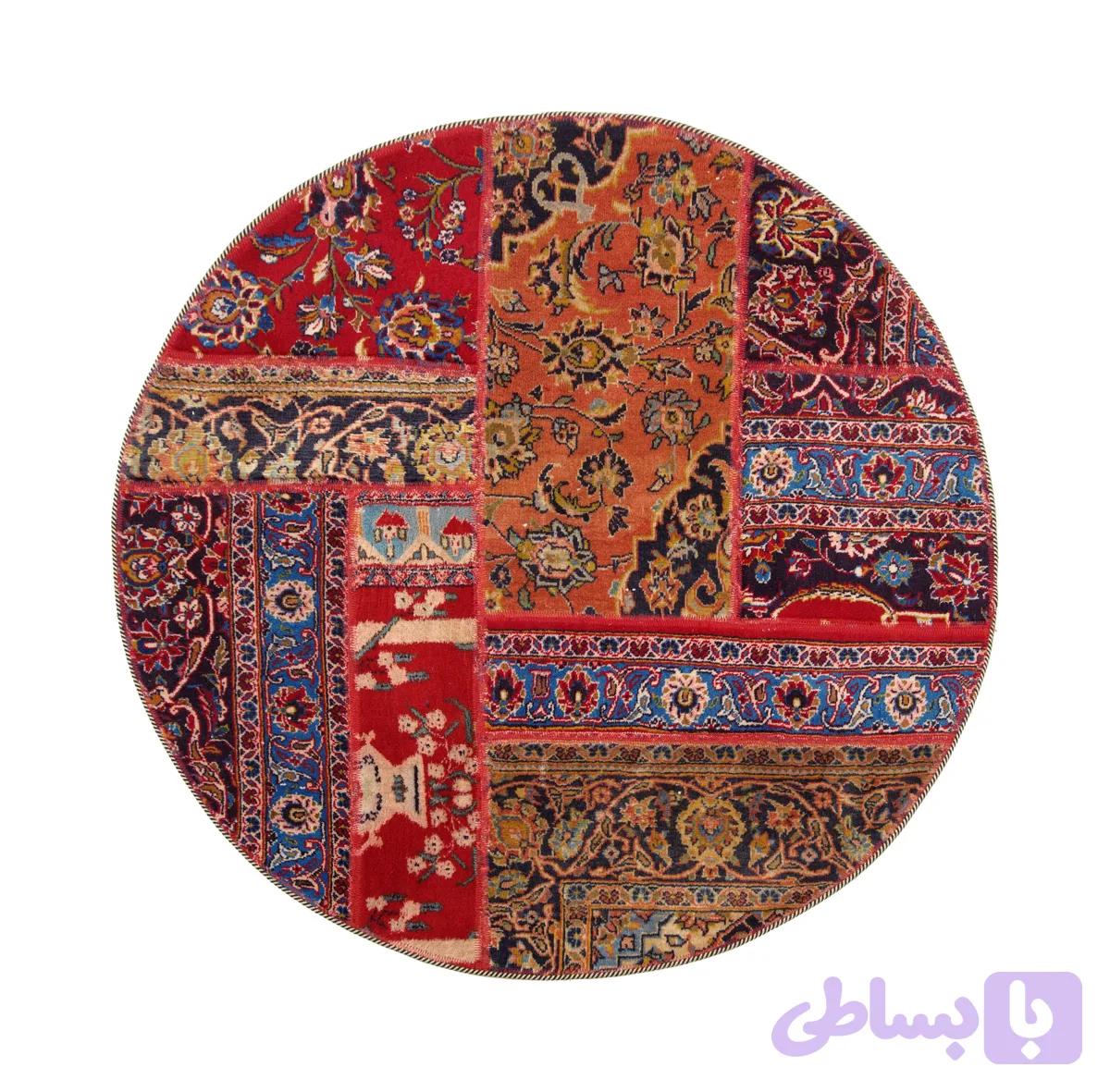 فرش دستباف گرد 105 در 105 پچورک نارنجی | خرید فرش دستبافت تکه‌دوزی اصل ایرانی — تصویر 1
