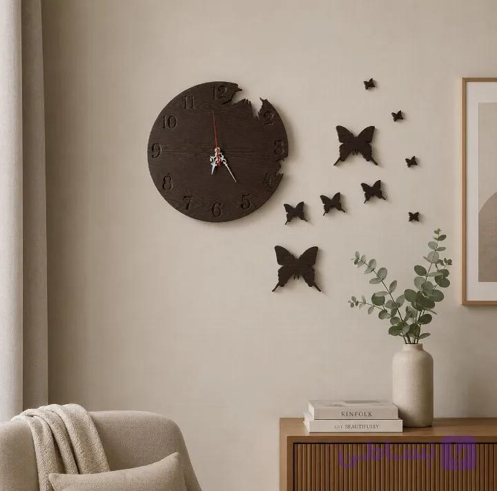 ساعت دیواری چوبی طرح پروانه کد B35 ده تیکه
