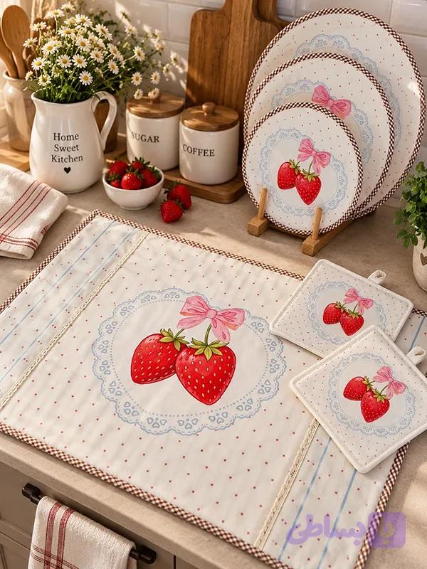 سرویس آشپزخانه مخمل رویال طرح توت‌فرنگی | ست کامل آشپزخانه Sweet Cottage — تصویر 1