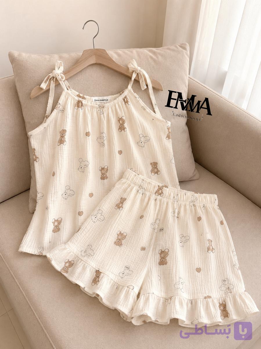 ست لباس خواب تاپ و شلوارک موسلین فری سایز bear 🧸