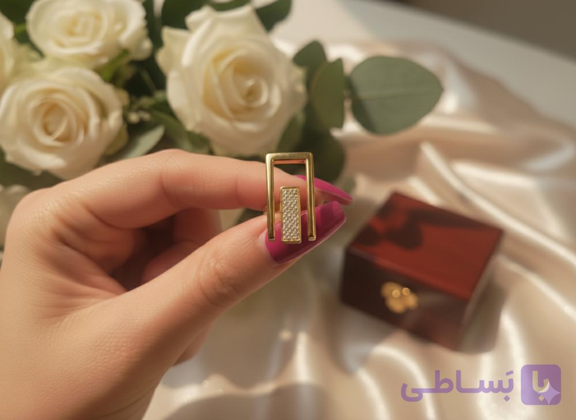 انگشتر زنانه ژوپینگ مدل مستطیلی نگین دار طلایی ،ضد حساسیت ورنگ ثابت کد R103
