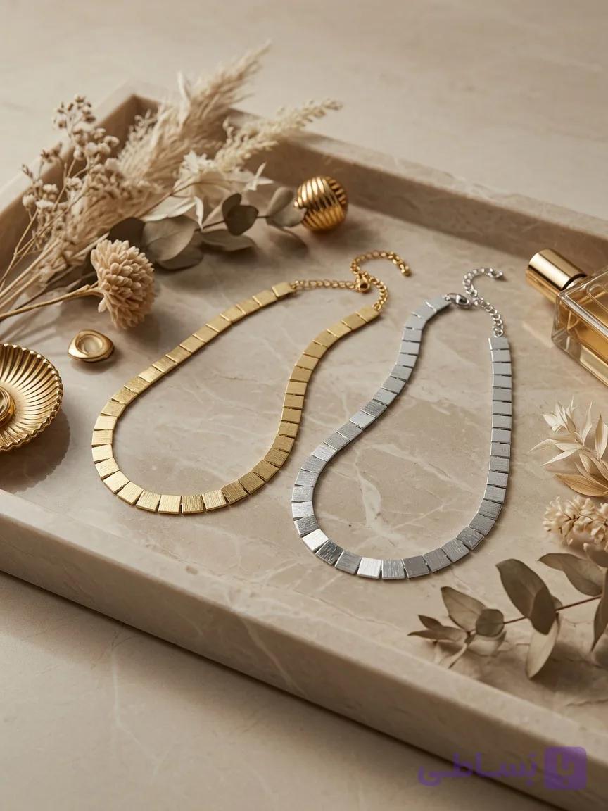 چوکر زنانه آینه ای مربع طلایی و نقره ای ضد حساسیت و رنگ ثابت کد N101