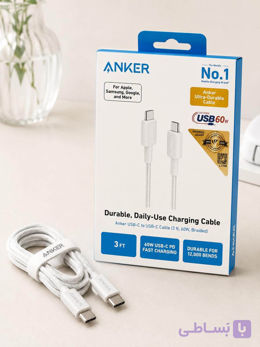 خرید کابل USB-C به USB-C انکر 60 وات | کابل بافته‌شده فست شارژ Anker 1 متر