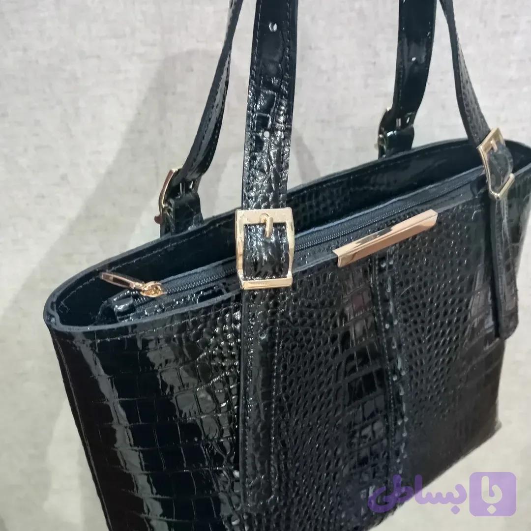 کیف دستی چرم طبیعی ورنی مدل سبدی زنانه شیک مشکی