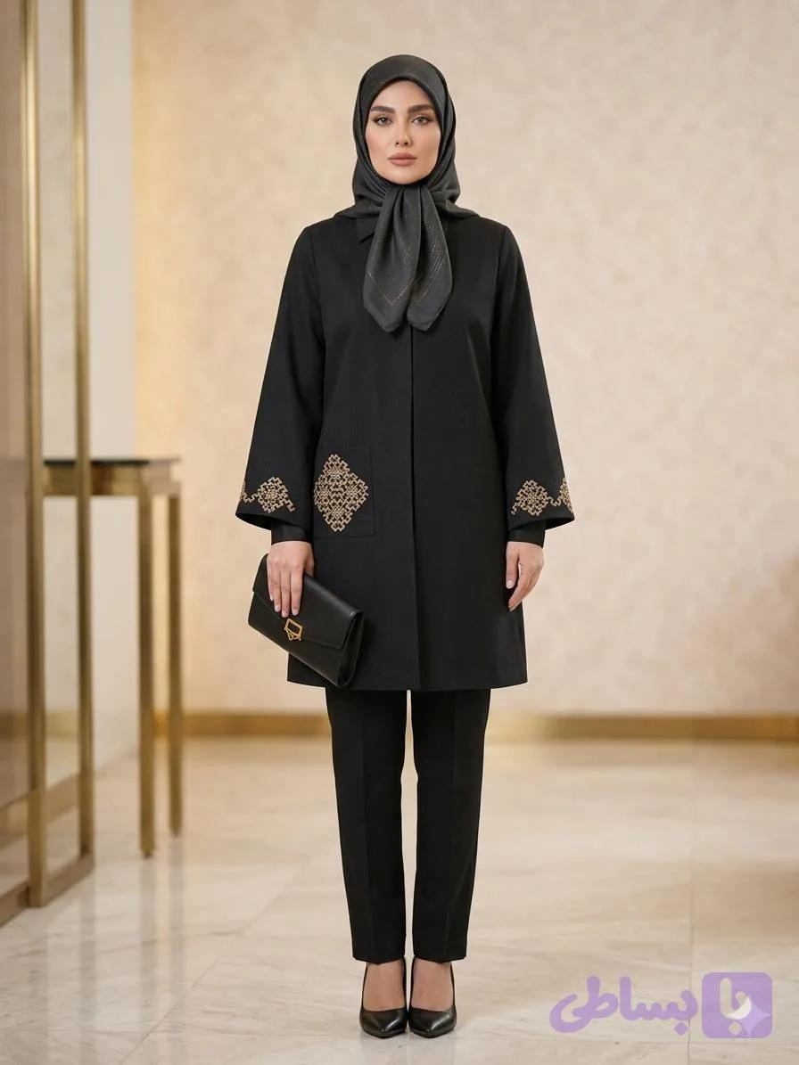 مانتو زنانه مجلسی رویسا شانتون اسلپ گلدوزی تا سایز ۵۶