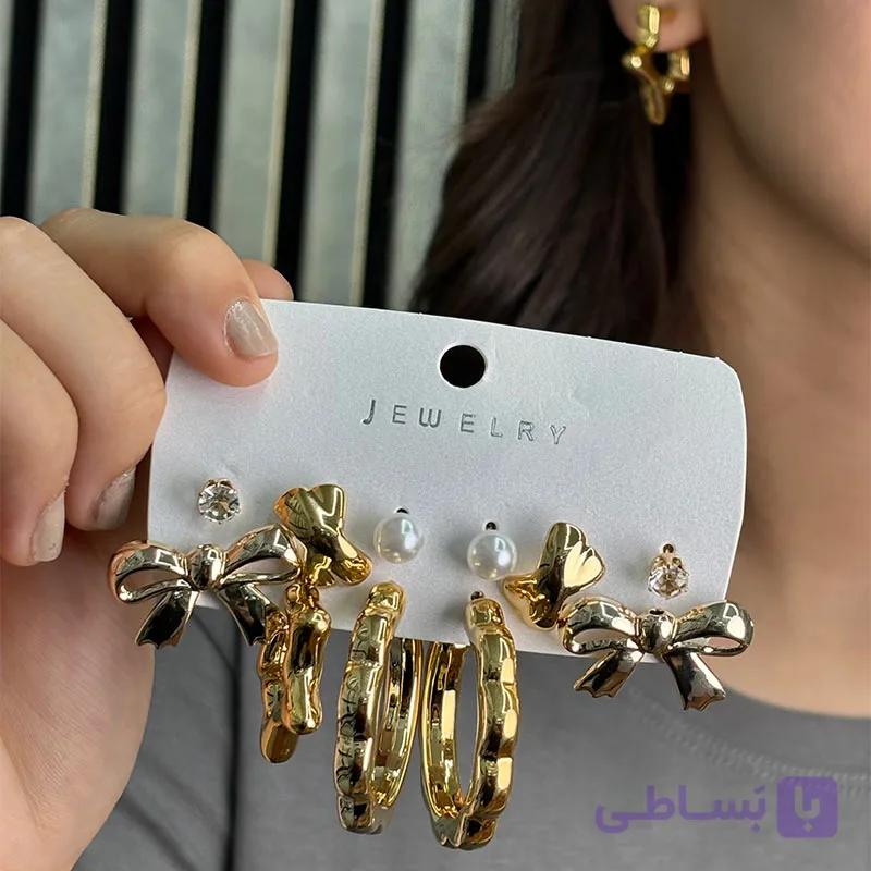 پک گوشواره 6تایی طرح مروارید و حلقه شیاردار — تصویر 1