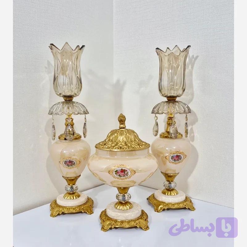 ست شمعدان و شکلات خوری پایه سنگی رنگ کاراملی / ست شمعدان و شکلات‌خوری لوکس