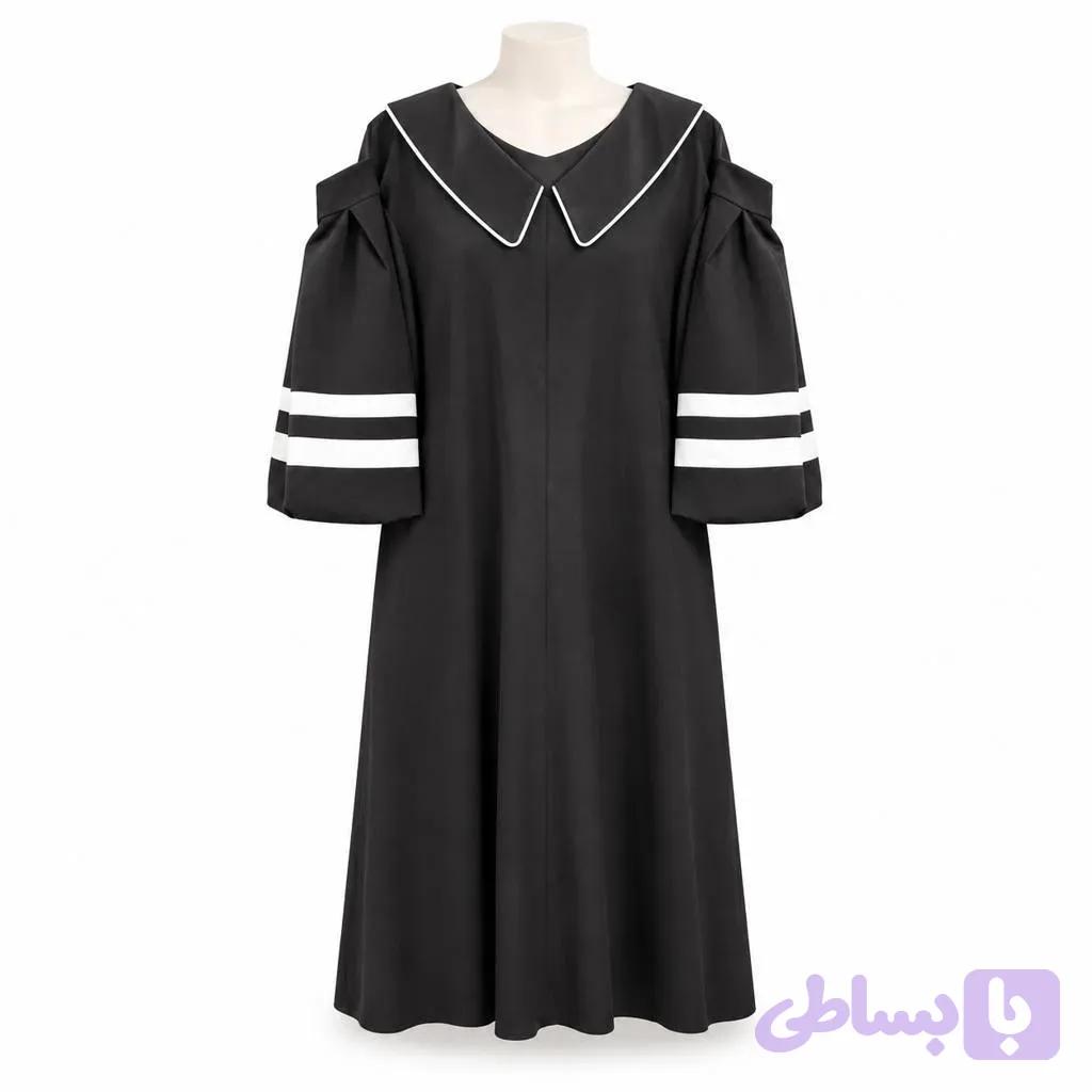 پیراهن مجلسی زنانه مشکی یقه ب‌ب آستین پفکی نوار دوزی با سرشانه باز و قد میدی — تصویر 1