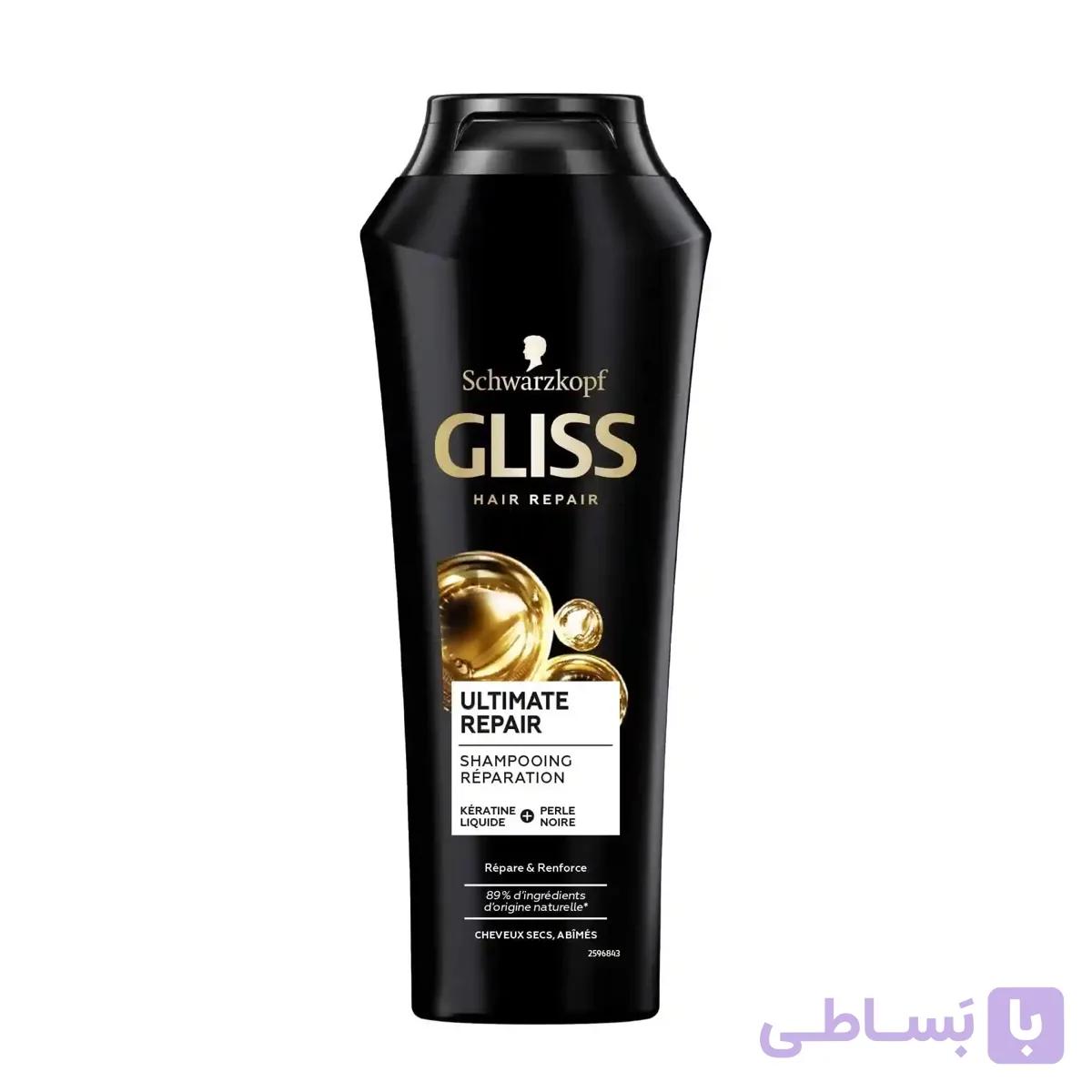 شامپو گلیس (Gliss) مدل آلتیمیت ریپیر (Ultimate Repair) با کراتین مایع و عصاره مروارید سیاه – مخصوص موهای بسیار آسیب‌دیده و خشک – 400میلی‌لیتر