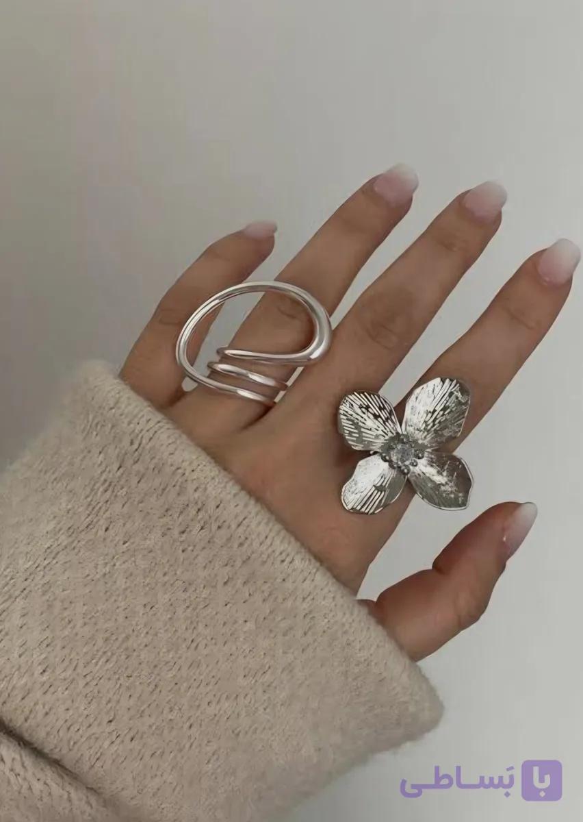 انگشتر زنانه استیل ابکاری نقره طرح گل