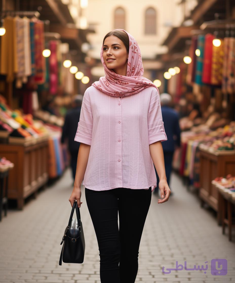 شومیز یقه انگلیسی آستین کیمونو خنک زنانه صورتی ،نخ ظریف و اهاردار