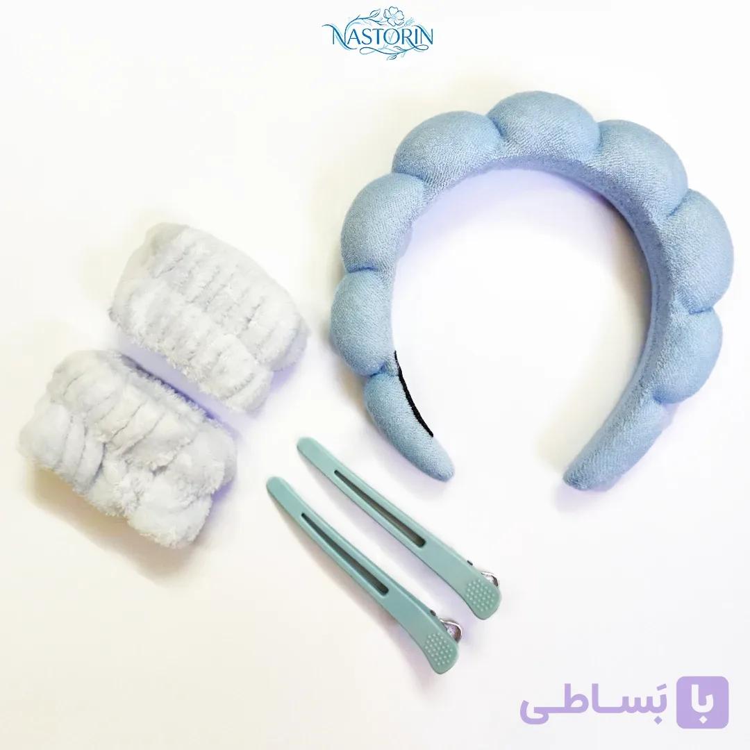 هدبند آرایشی زنانه پنج تکه آبی + تل مو و مچ بند