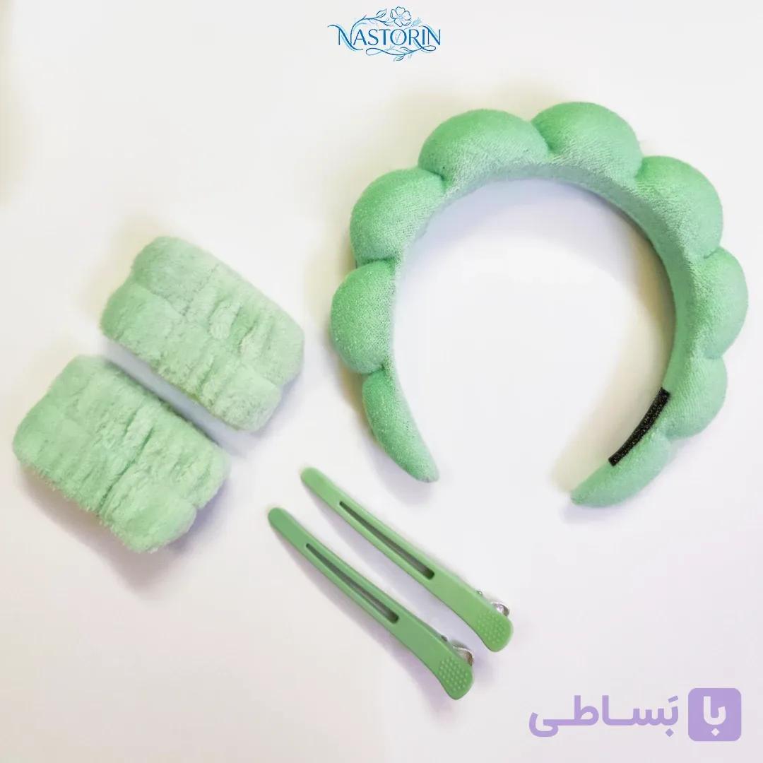 هدبند آرایشی زنانه پنج تیکه سبز (پک تل مو و مچ‌بند)