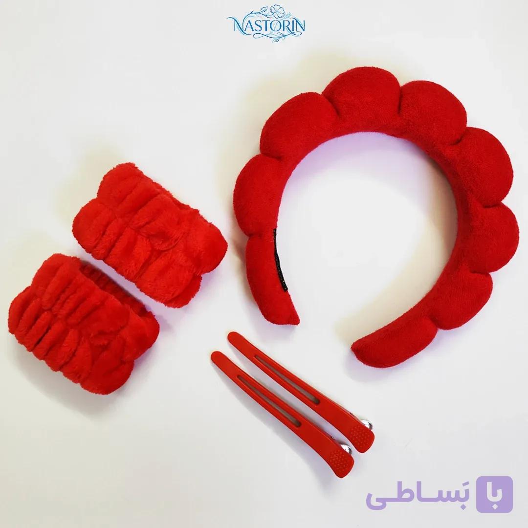 هدبند آرایشی زنانه پنج تکه قرمز با مچ بند و موگیر — تصویر 1