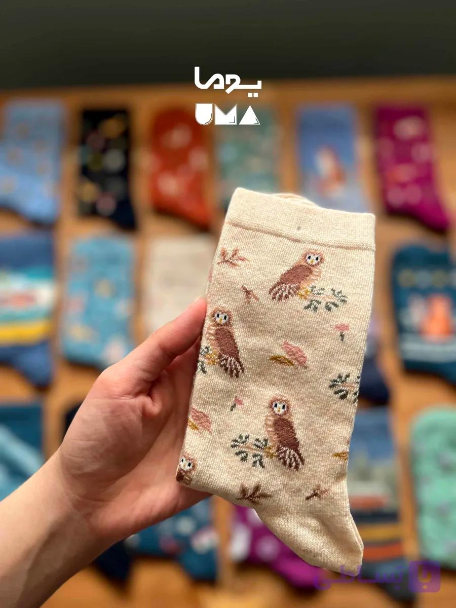 جوراب ساقدار طرح جغد کرم قهوه ای