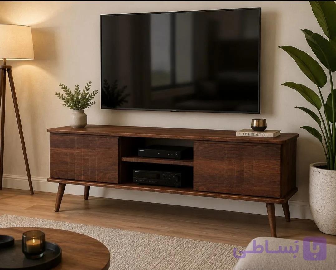 میز تلویزیون چوبی مدرن | دارای دو کمد و طبقه مخصوص رسیور — تصویر 1