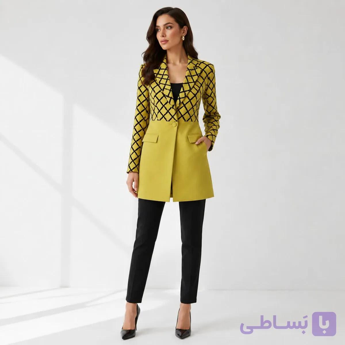 کت تک زنانه یقه انگلیسی خردلی طرح‌دار